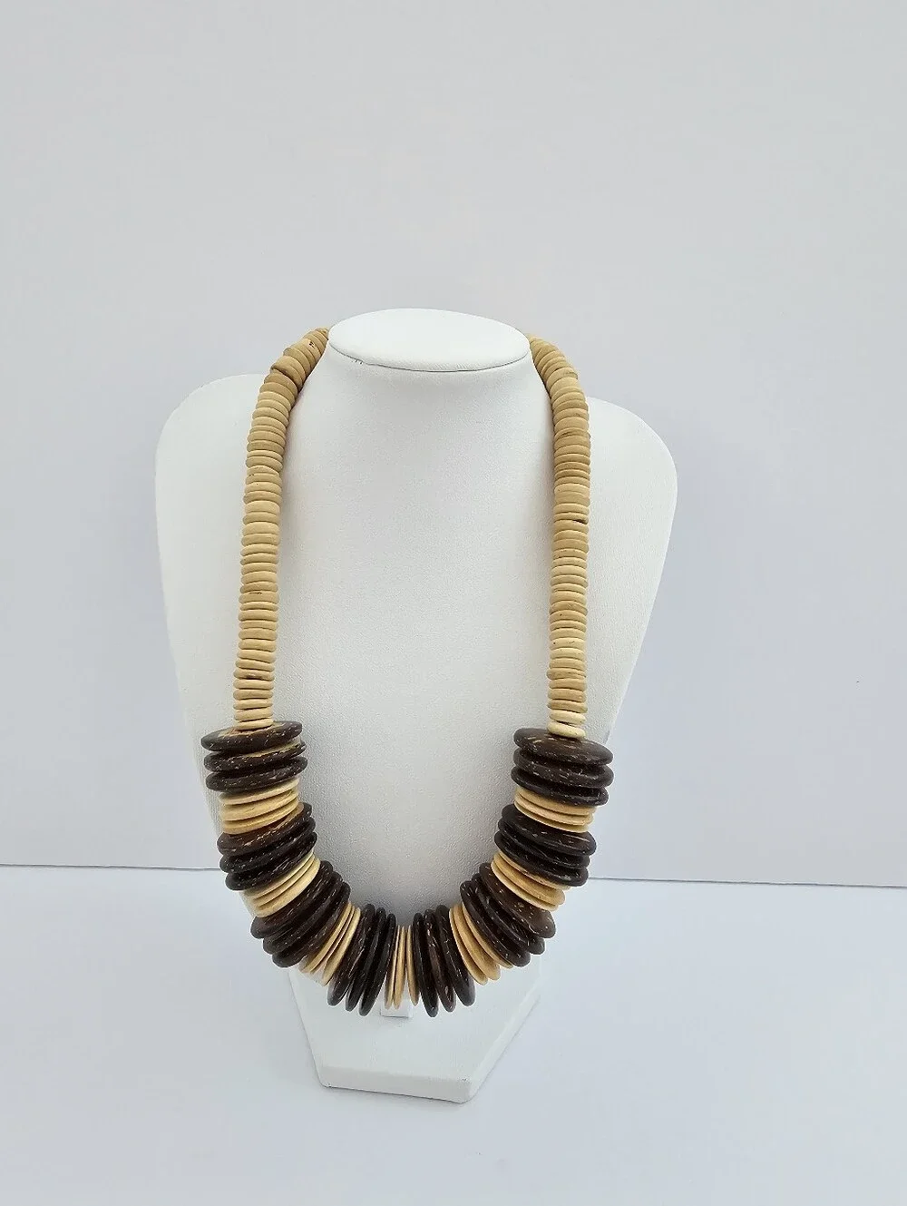 Vintage Coconut Shell Disc Bead Necklace 18” Two-Tone Boho Chunky Heishi​